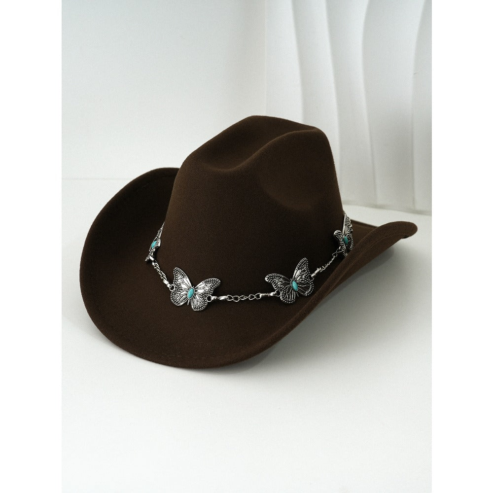 Women'S Bohemian Turquoise & White Cowboy Hat - Felt Wide Brim Sun Hat with Butterfly Metal Chain Accent, Non-Stretch Formal & Western Style for Christmas, Festivals, Casual Attire - Hand Washable Elegant Felt Cowboy Cap, Cow