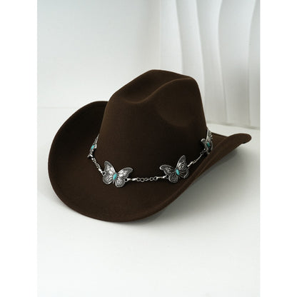 Women'S Bohemian Turquoise & White Cowboy Hat - Felt Wide Brim Sun Hat with Butterfly Metal Chain Accent, Non-Stretch Formal & Western Style for Christmas, Festivals, Casual Attire - Hand Washable Elegant Felt Cowboy Cap, Cow