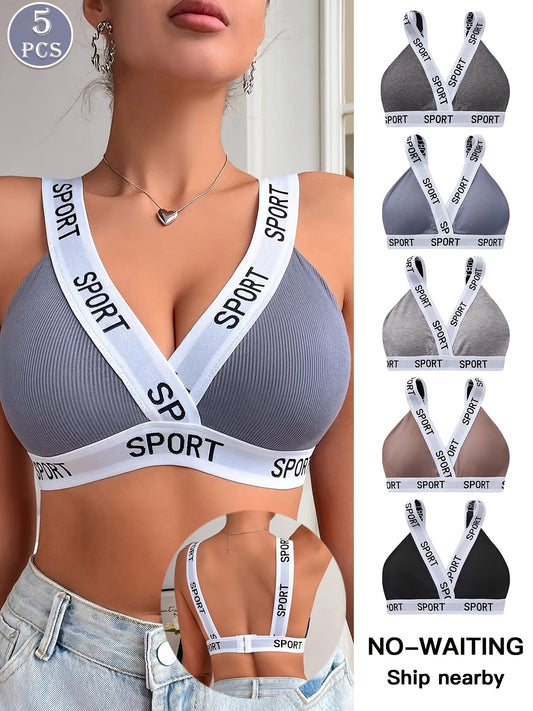 5pcs Women Contrasting Color Bras, Fashion Casual Letter Bra, Print Ribbed Moderate Support Comfortable Sports Bras, Bra for Women