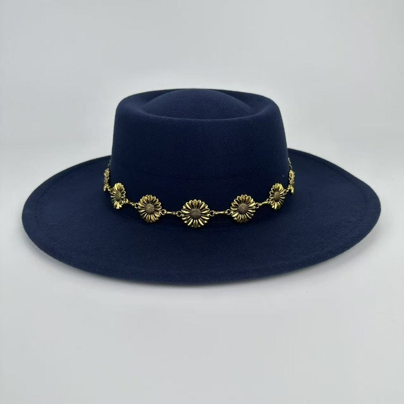 1pc Bohemian-style Unique and Fashionable Felt Hat - Decorated with Exquisite Golden Flower Chain Fedora Hat - Suitable for Daily Street Style, Music Festival Outfits, Bohemian-inspired Looks, Casual Outings and Trendy Season