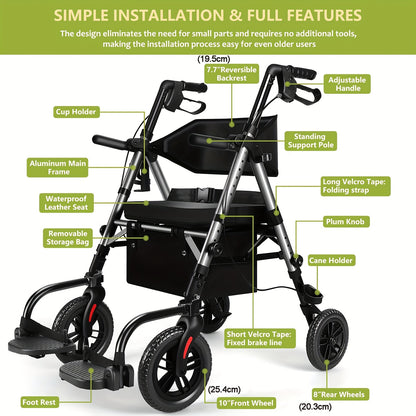 Foldable Rollator Walker with Seat - Heavy-Duty 300 lb Capacity, Lightweight 2-in-1 Mobility Aid with Adjustable Height Seat & Handle, All-Terrain Wheels, Linear Brakes, Ergonomic Backrest & Cushioned Seat - Ideal for Seniors
