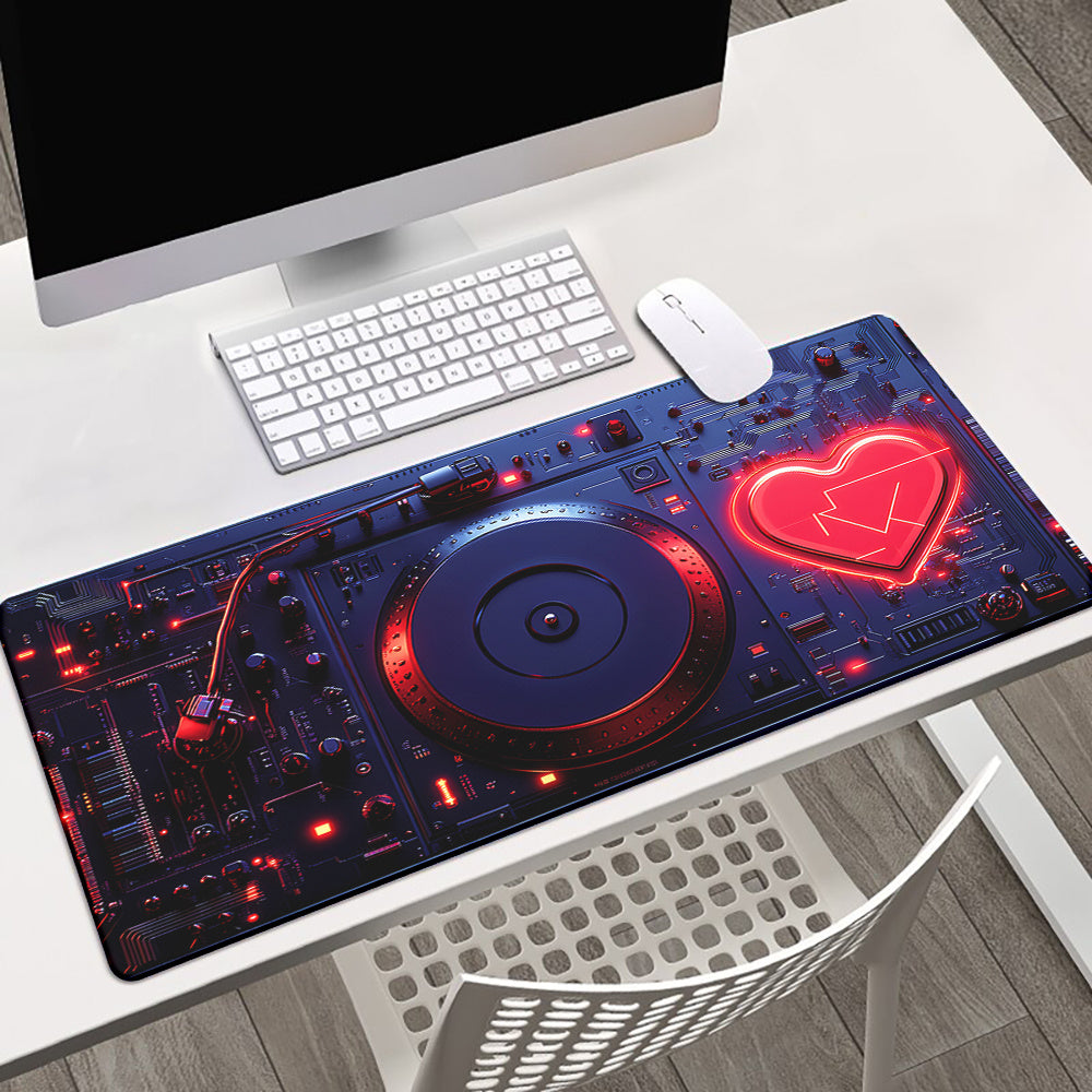 Large Robotic Heart Gaming Mouse Pad - Vibrant DJ Mixer Design, Anti-Slip Rubber Desk Mat for PC & Laptop, Office & Gamers, Soft Fabric Surface, Blue & Red Aesthetic