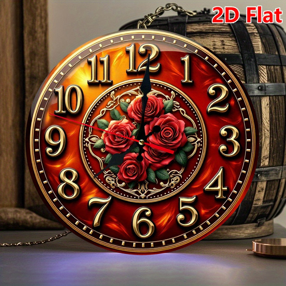 10 Inch Golden Rose Medallion Silent Wall Clock - Golden & Burgundy Roman Numeral Round Clock with Red Hands, Large Black Center, Battery Operated Wood Frame - Easy-Read Seconds Display for, Office, Cafe, Bedroom - Elegant Ti