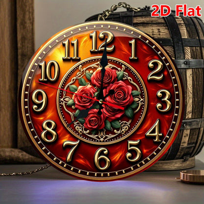 10 Inch Golden Rose Medallion Silent Wall Clock - Golden & Burgundy Roman Numeral Round Clock with Red Hands, Large Black Center, Battery Operated Wood Frame - Easy-Read Seconds Display for, Office, Cafe, Bedroom - Elegant Ti