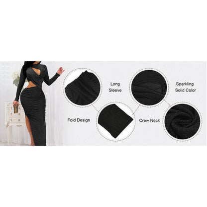 Plus Size - Plus Size, Women'S Elegant Sexy Ruched Bodycon Dress - Long Sleeve Fitted Midi Length with Keyhole Neckline & Slit Hem, Solid All-Season Party to Semi-Formal Dress, Round Neck to Asymmetrical Hemline, Versatile fo