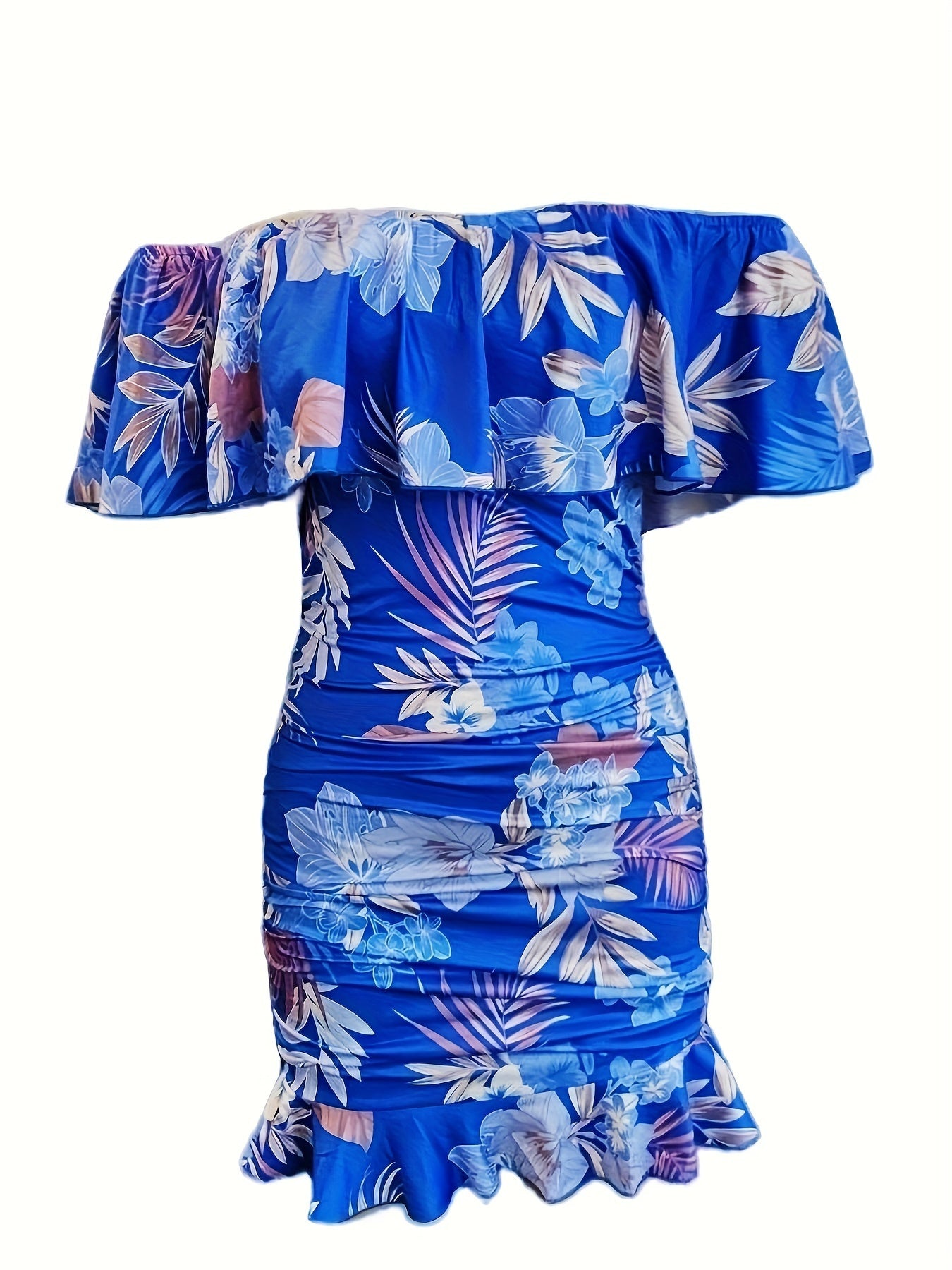 Floral Print Off Shoulder Dress, Sexy Ruched Bodycon Dress For Spring & Summer, Women's Clothing