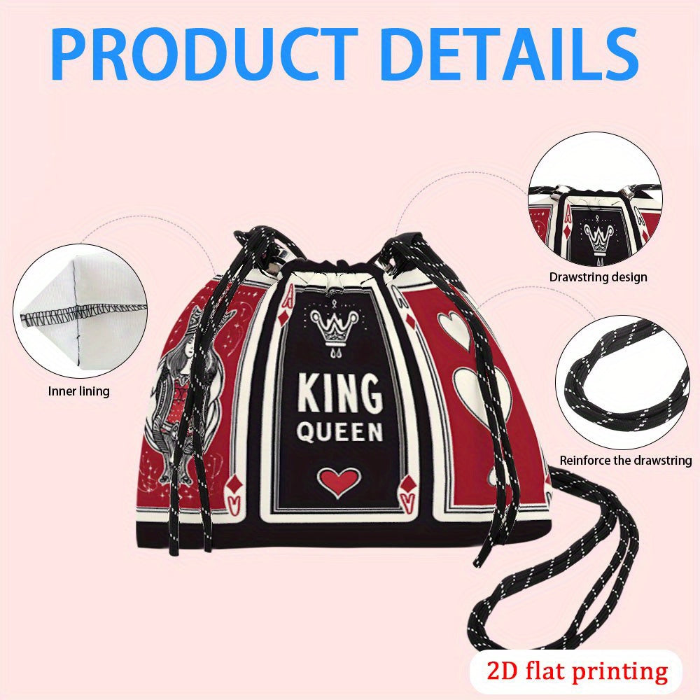 1pc Women's King & Queen Playing Card Print Crossbody Bag - Vibrant Red/Black/White Design with Hearts & Spades, Lightweight Drawstring Closure, Reusable Polyester Purse for Weddings, Parties, Travel, Everyday Use - Gift Idea