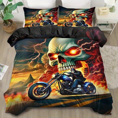 2/ 3pcs Quilt Cover Set, Motorcycle Skeleton Print Duvet Cover Set, King Queen Style Bedding Set, Polyester Machine Washable, Quilt Decoration, Bedroom Guest Room, Birthday Gift (Includes 1 Duvet Cover + 1 or 2 Pillowcases, N