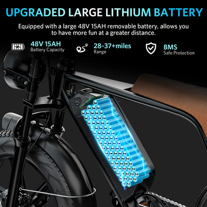 Electric Bike, V8 Electric Mountain Bike With 740W Motor 48V 15Ah Removable Larger Battery 25km/h 20" Fat Tire E Bike 7-Speed Adult Electric Bicycles, Electric Dirt Bike, Electric Mountain Bike, Electric Bicycle For Adults, E