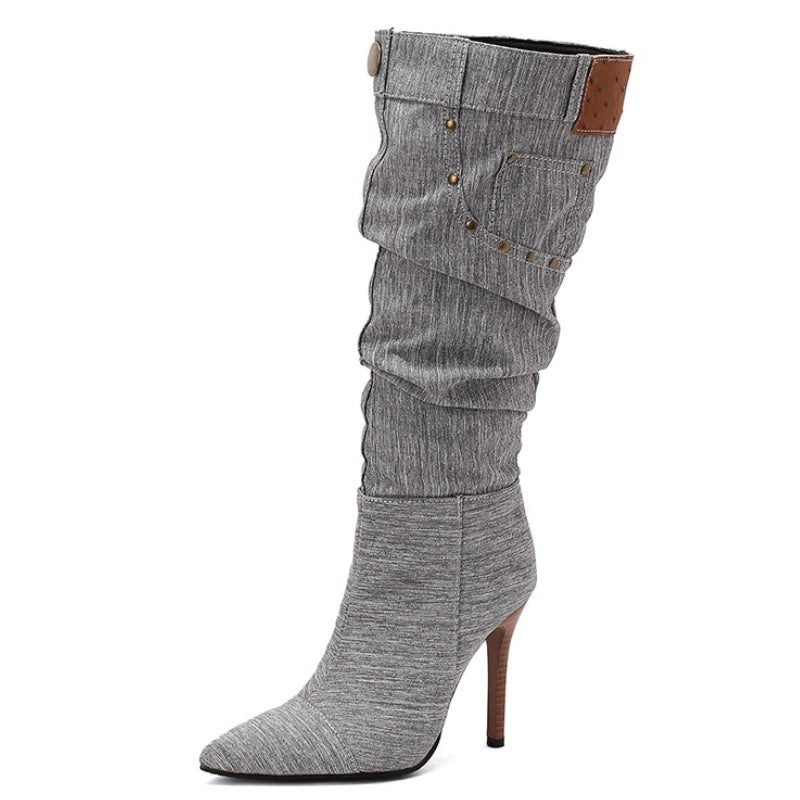 Women'S PU Cover Knee-High Boots with Studded Stiletto Heel, Pointed Toe & Slouchy Half-Zipper Closure - Ruched High Heel, Calf-to-Knee Length, Durable Rubber Sole - Versatile Western to Modern Booties for Casual to Formal Ev