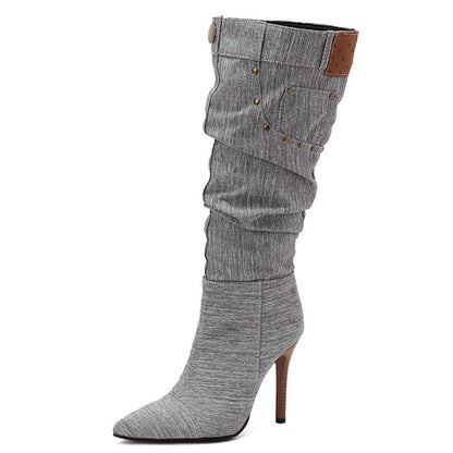 Women'S PU Cover Knee-High Boots with Studded Stiletto Heel, Pointed Toe & Slouchy Half-Zipper Closure - Ruched High Heel, Calf-to-Knee Length, Durable Rubber Sole - Versatile Western to Modern Booties for Casual to Formal Ev