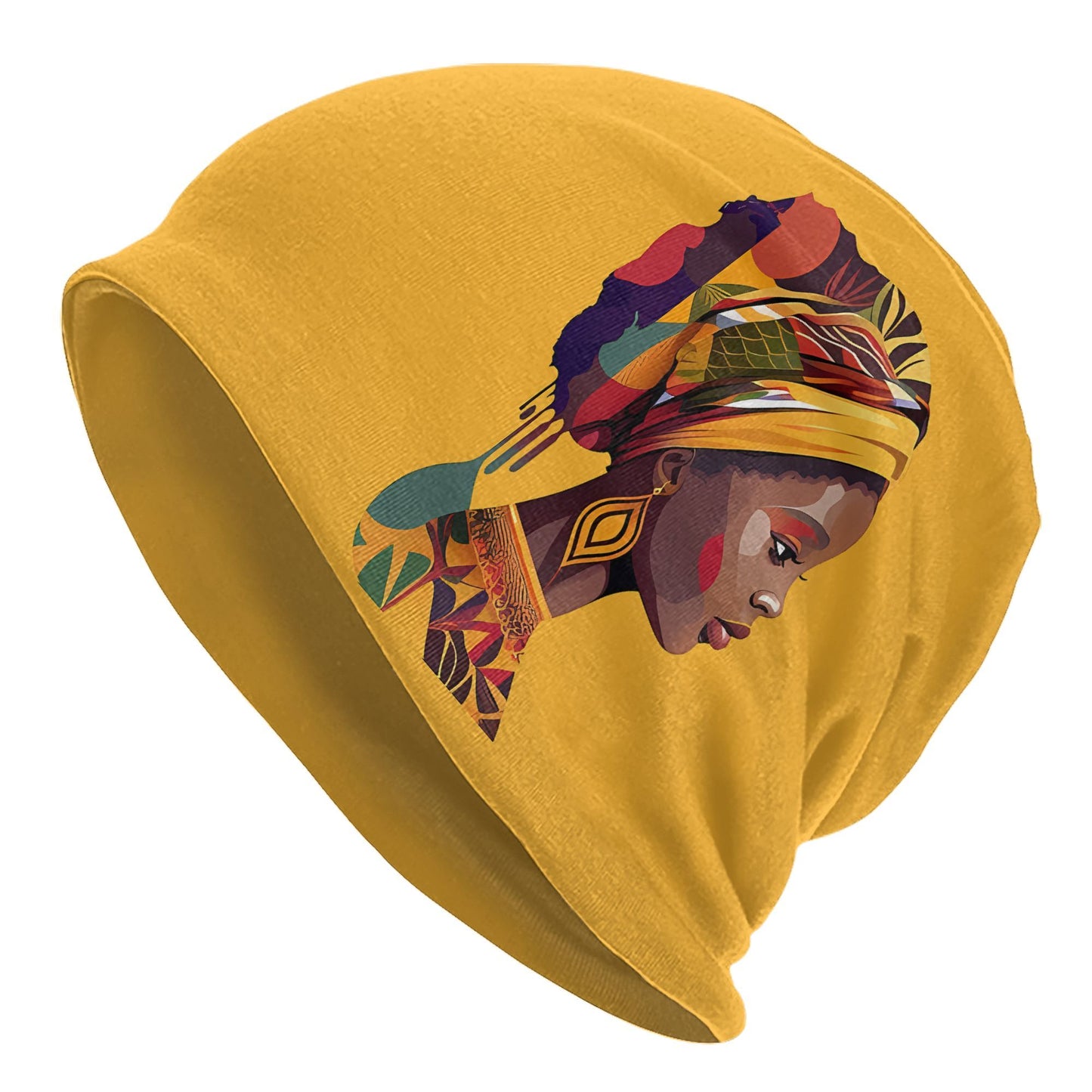 African Woman Print Beanie Hat - Vibrant Mustard Yellow with Colorful Geometric Patterns, Unisex Stretchy Knit Cap for Men & Women, Fashionable Cultural Design for Casual & Festive Occasions, Stylish Headgear, Modern Chic Hat