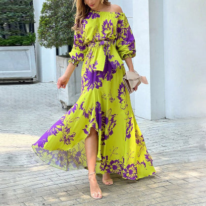 2026 Spring New Temperament Elegant Print Long Sleeve Slanted Collar Loose Dress Spring Spring Wear Spring Fashion Women's Spring and Summer Dresses Spring and Summer Dresses Women's Dresses Suitable for Bridesmaids Prom Outf