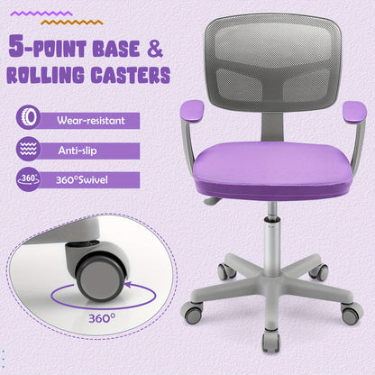 COSTWAY Kids Adjustable Height Desk Chair with Ergonomic Y-Shaped Back Support, 360° Swivel & 5-Wheel Mobility, Heavy-Duty 330 lbs Capacity, Mesh & Cushioned Seat with Armrests - Heavy-Duty Plastic Construction, Easy Assembl
