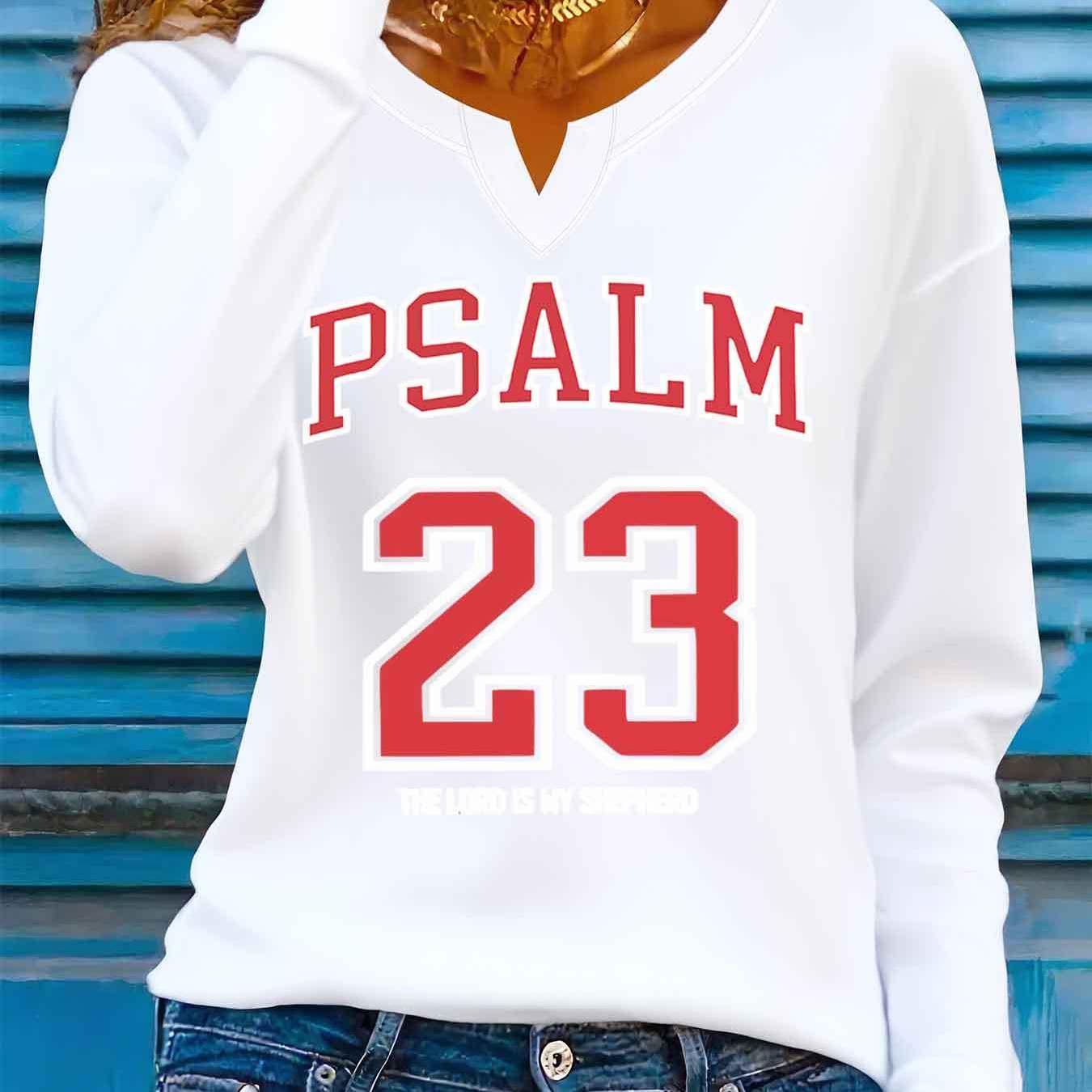 Women'S Slim-Fit V-Neck Long Sleeve T-Shirt with Bold Red "PSALM 23" Graphic Print - Casual Chic Top for Spring/Summer/Fall, Spring Summer Apparel | Vneck Tshirt | Stylish Casualwear, Ladies T Shirts
