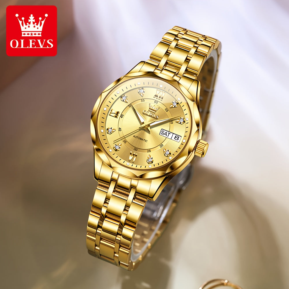 OLEVS Women'S Stainless Steel Automatic Mechanical Watch with Luminous Hands & Chronograph - Golden-Tone Elegant Round Watch, High Quality (Not), Luxury Analog Wristwatch for Women, No Battery/Easy Maintenance, Durable Everyd