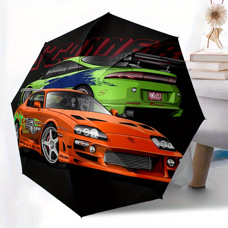 Automatic Folding Umbrella with Racing Car Design - 8-Rib Windproof Portable Travel Umbrella, Durable Plastic & Iron, Black with Colorful Car Graphics, Ideal for Holiday Gifts, Travel Umbrella, Stylish Accessory, Sturdy Const