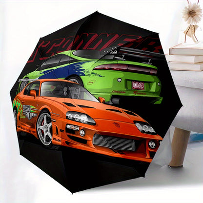 Automatic Folding Umbrella with Racing Car Design - 8-Rib Windproof Portable Travel Umbrella, Durable Plastic & Iron, Black with Colorful Car Graphics, Ideal for Holiday Gifts, Travel Umbrella, Stylish Accessory, Sturdy Const