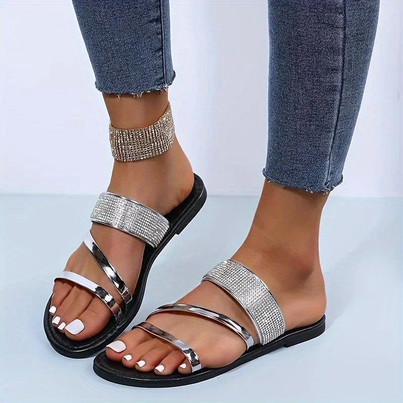 Glittering Rhinestone Sandals for Ladies - Comfortable Open-Toe Flats Suitable for Both Indoor And Outdoor Use.