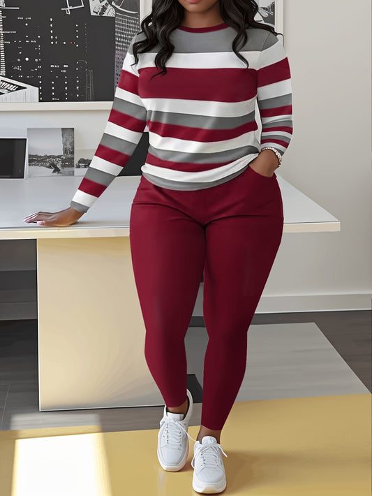 Unique Women's Striped Casual Set- Green And White, Long Sleeve Round Neck Top And Pants with Pockets, Weight Polyester Blend, Machine Washable, Comfortable Clothing| Pants| Polyester Blend