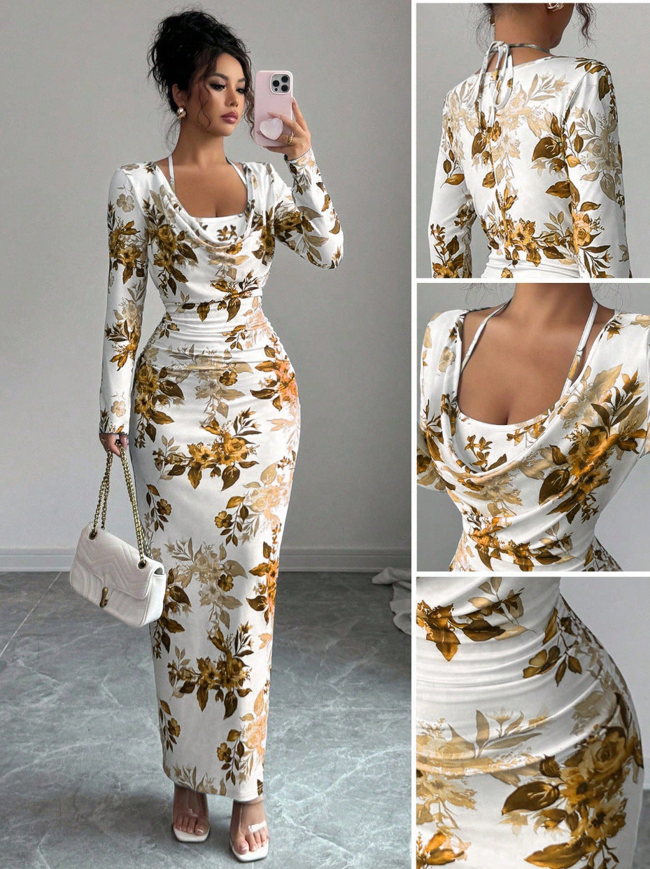 LUCKFOX Women's Clothing 2026 Waist and Thin Spring Early Spring Women's Clothing New Models, Daily Wear, Enjoy Elegant and Beautiful Printed Long Dress Temperament Slim One-word Shoulder Long-sleeved Dress Women Are Now