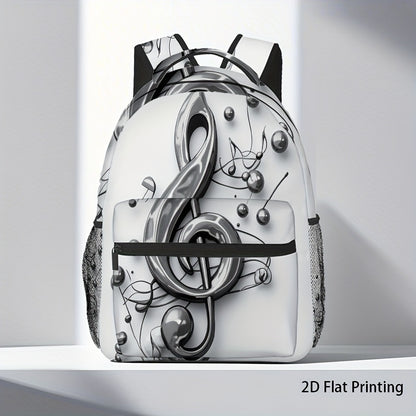 1pc Trendy Music Notes Printed Backpack - Durable 2D Flat Design with Studded Detail, Black & White, Perfect for School, Work, and Outdoor Activities, Backpack for School