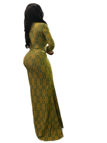 ARTPAGE Vintage Homewear Women'S Slim-Fit Elegant Printed Pencil Skirt Pleated High Neck Long Sleeve Dress | Trendy, Regular Fit, Belted Detail, Long Length