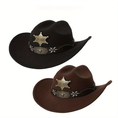 Women'S Western Cowboy Hat - Heavy-Duty Six-Pointed Star Bull Head Design, Wide Brim, Lightweight & Sturdy for Horseback Riding, Hiking, Western Parties - Non-Slip Elastic Band, Easy-Care (Hand Wash/Dry Clean) - Western Cowbo