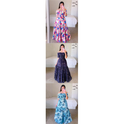 2023 New Spring Summer European and American Women's Fashion Off-Shoulder Floral Print Long Dress