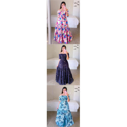 2023 New Spring Summer European and American Women's Fashion Off-Shoulder Floral Print Long Dress