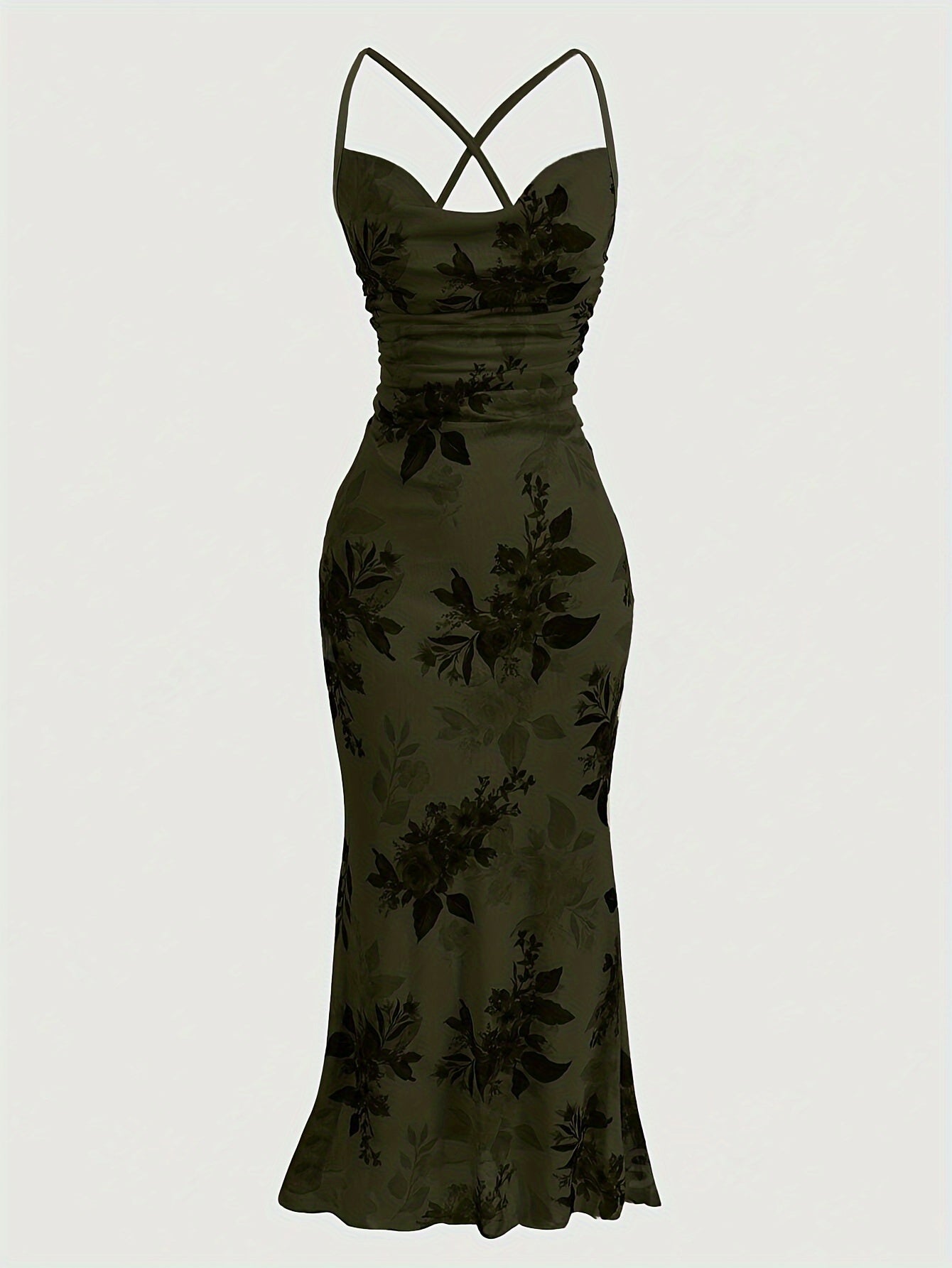 Vintage Elegant Cocktail Party Spaghetti Strap Printed Mesh Midi Dress for Women