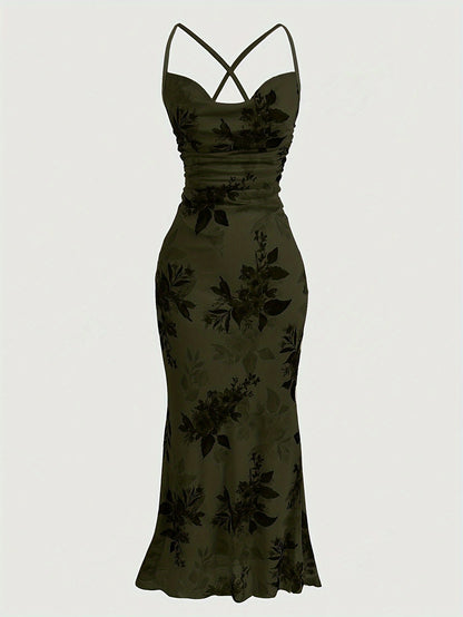 Vintage Elegant Cocktail Party Spaghetti Strap Printed Mesh Midi Dress for Women