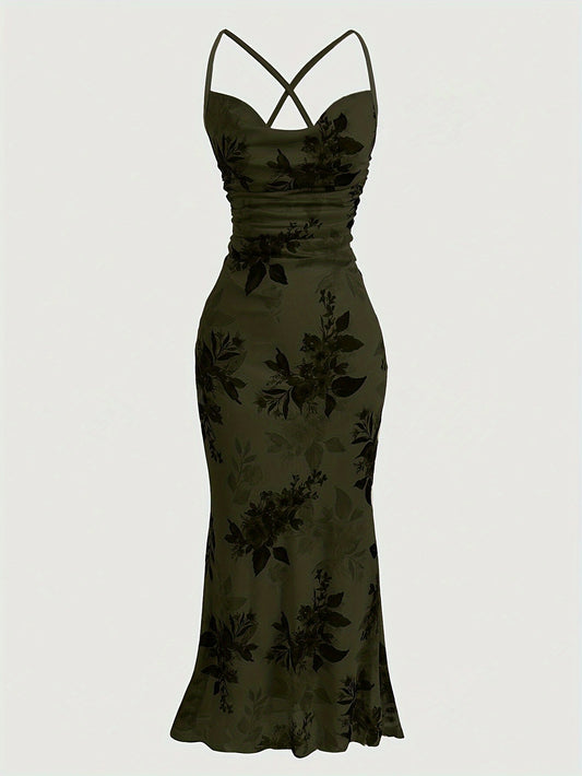Vintage Elegant Cocktail Party Spaghetti Strap Printed Mesh Midi Dress for Women
