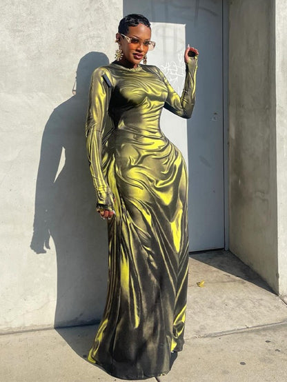 Women's Fashion Printed Crew Neck Slim-Fit High-Waist Maxi Long-Sleeve Dress for Autumn