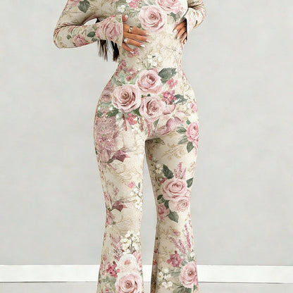 Women's Sexy Slim-Fit Jumpsuit with Pink Floral Print - Long Sleeve U-Neck Bell-Bottom Romper, Stretch Fabric for Weddings, Parties & Outdoor Events - Elegant - Outfit Suitable for Multiple Occasions