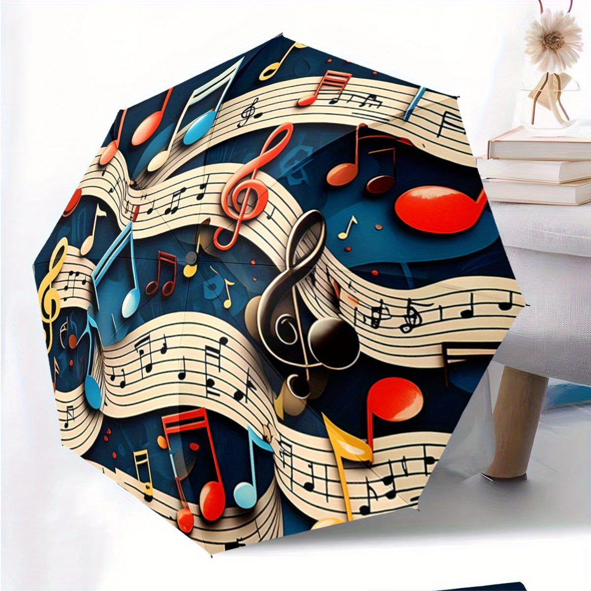 Automatic Folding Umbrella with Vibrant Musical Notes & Staff Lines Design - Portable Collapsible 8-Rib Umbrella for All Seasons, Casual Outdoor Accessory, Perfect Gift for Christmas, Birthdays & Festivals, Festive Accessory,