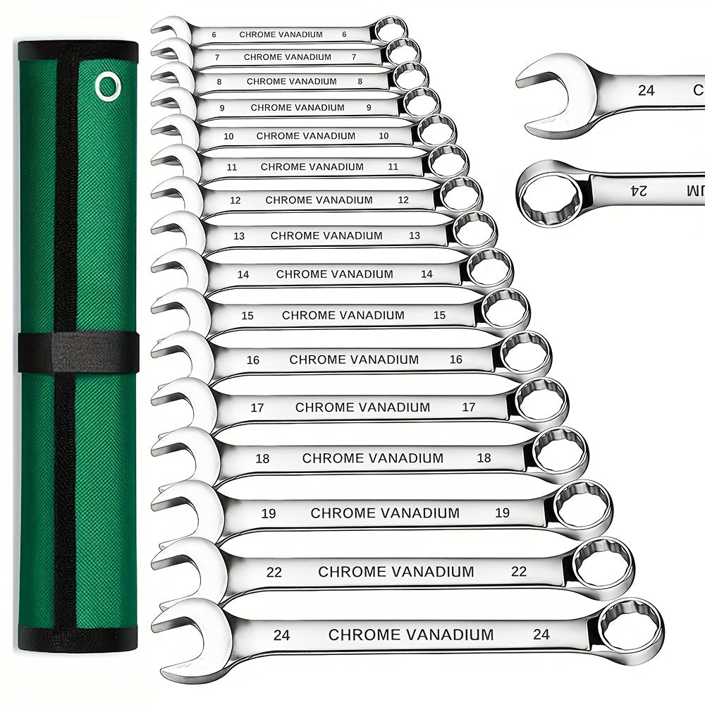 Combination Wrench Set 6-22mm Double End Wrench Set with Storage Case, Industrial Wrench, Rust-Proof Chrome Steel for Motorcycle & Bike Repair