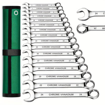 Combination Wrench Set 6-22mm Double End Wrench Set with Storage Case, Industrial Wrench, Rust-Proof Chrome Steel for Motorcycle & Bike Repair