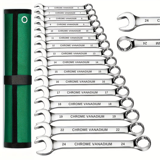 Combination Wrench Set 6-22mm Double End Wrench Set with Storage Case, Industrial Wrench, Rust-Proof Chrome Steel for Motorcycle & Bike Repair