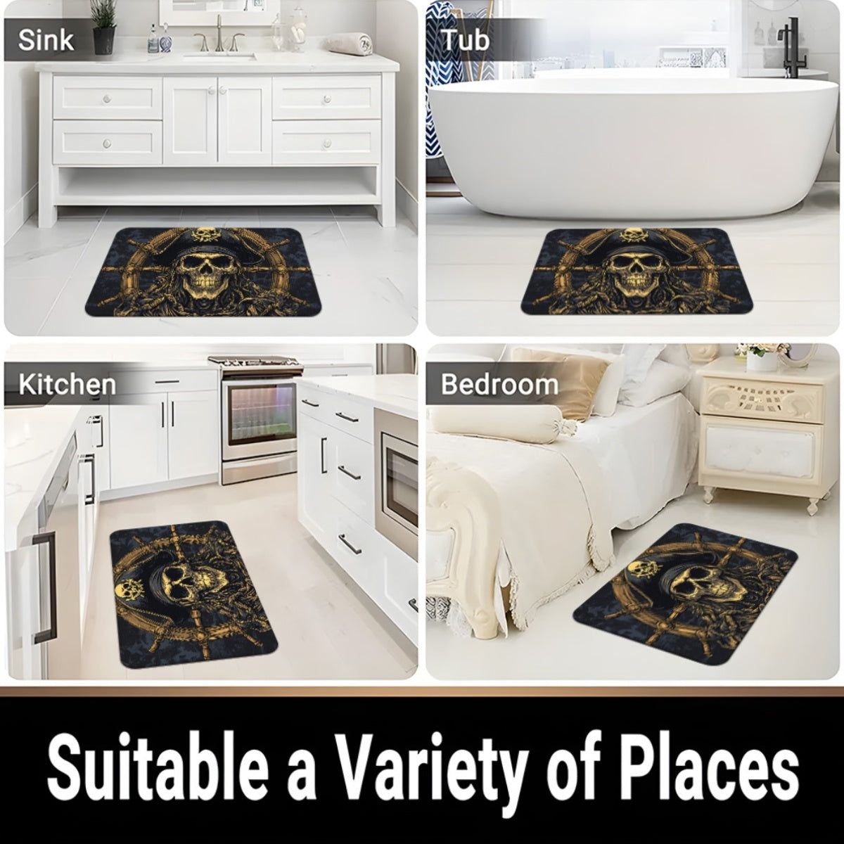 1pc Pirate Skull & Wheel Design Microfiber Absorbent Machine Washable Polyester Rug - Black & Golden Pirate Ship Wheel & Skull Motif, Durable Rectangular Floor Mat for Bathroom, Bedroom, Living Room Entrance, Home Decor, Bath