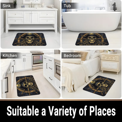 1pc Pirate Skull & Wheel Design Microfiber Absorbent Machine Washable Polyester Rug - Black & Golden Pirate Ship Wheel & Skull Motif, Durable Rectangular Floor Mat for Bathroom, Bedroom, Living Room Entrance, Home Decor, Bath