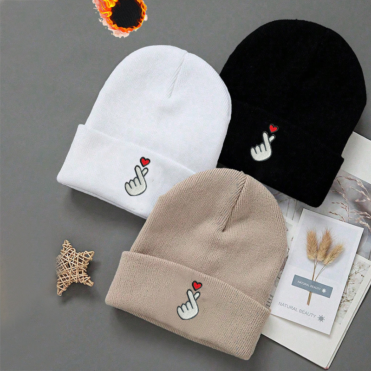 3-Pack White/Grey/Black Beanie Hats with Heart & Thumbs Up Hands Logo - Lightweight Stretch Winter Caps for Men & Women, Unisex Foldable Warm Beanies for Skiing, Outdoor Activities, Parties (Easy-Care, One Size Fits All)
