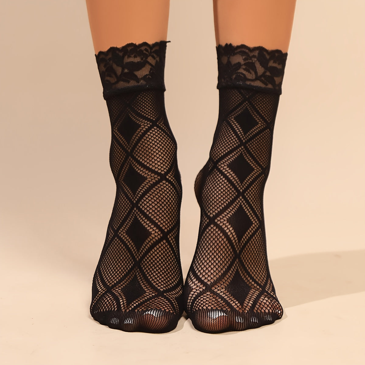 6 Pairs of Women's Short Socks, Lace Ankle Socks, Hollow-Out Mid-Calf Socks, Lace-Trimmed Calf Socks