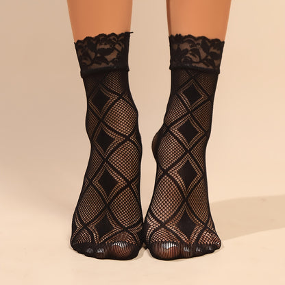 6 Pairs of Women's Short Socks, Lace Ankle Socks, Hollow-Out Mid-Calf Socks, Lace-Trimmed Calf Socks