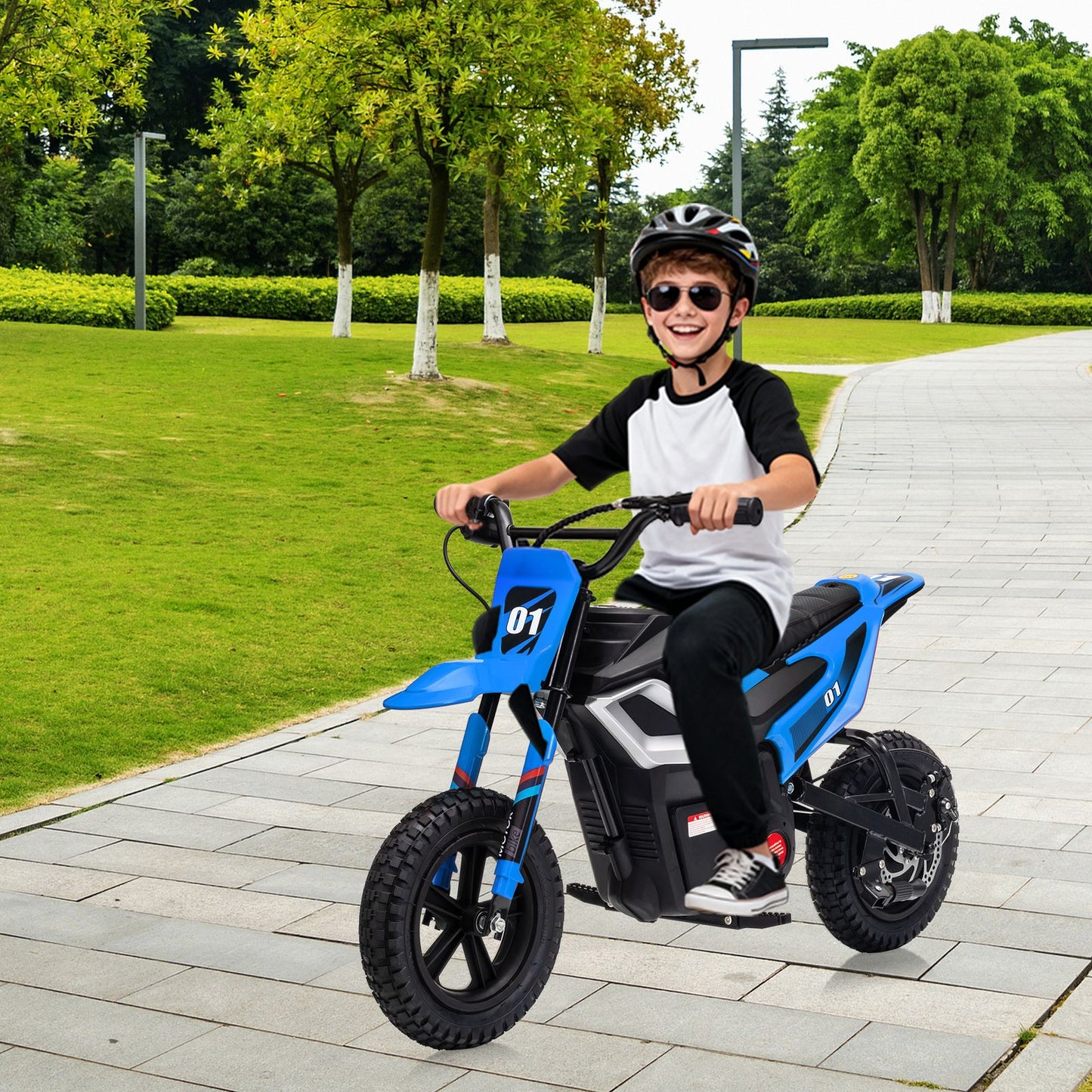 24V 350w Kids Motorcycle, 13. 67 Mph Max Speed Kids Electric Bike, Dirt Bike with Rear Wheel Suspension, Music, 12 Miles Range, Twist Grip Throttle, Metal Suspension, Rubber Tire, Leather Seats