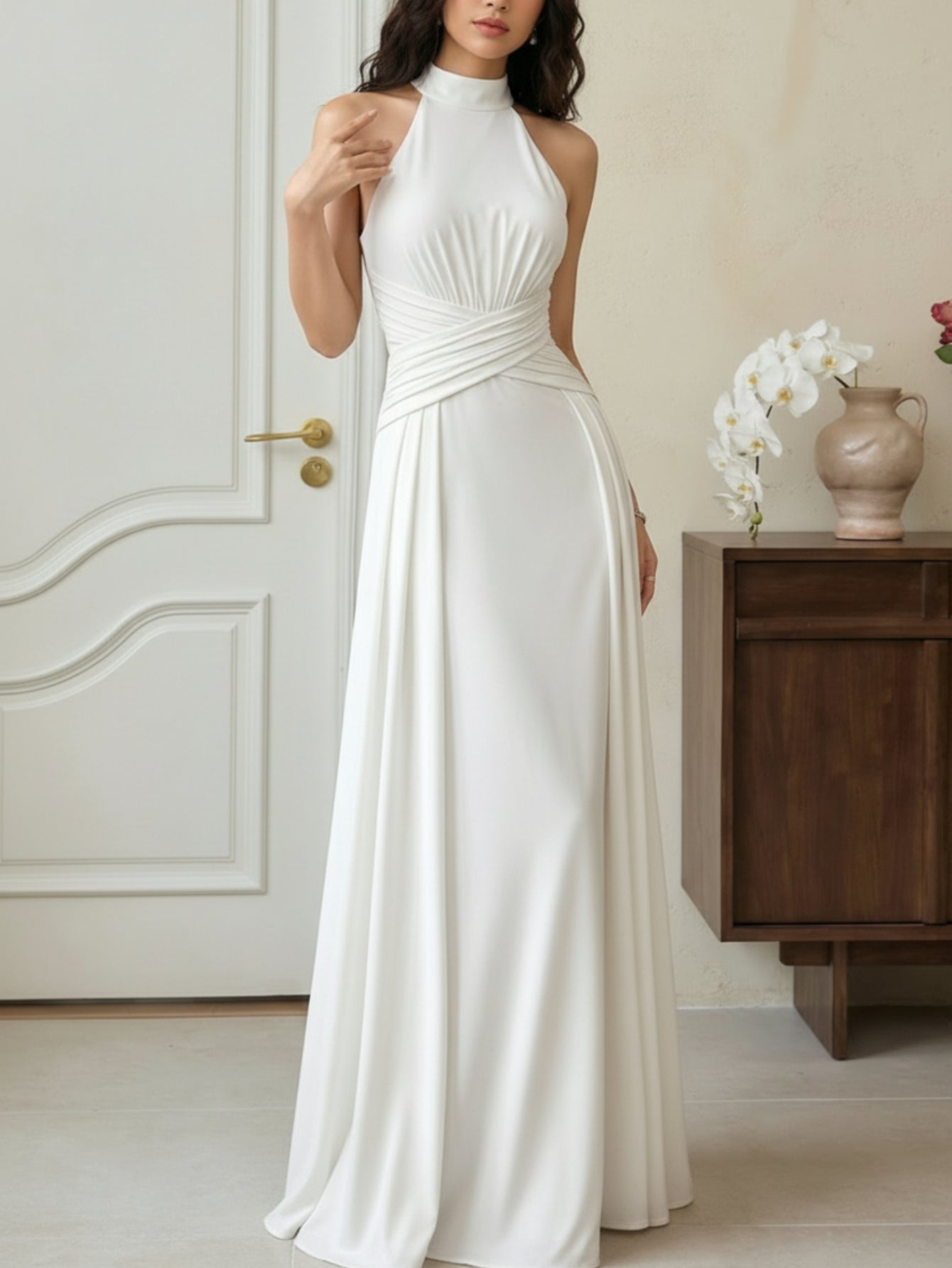 Women'S Spring And Summer Halter Neck, Stand Collar, Waist-Fitted Long Dress | Elegant Solid Color, Suitable For Evening Parties And Upscale Social Events