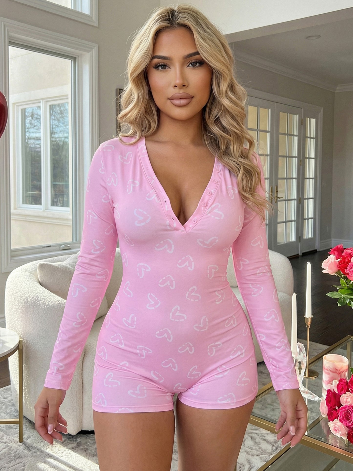 Women' -Fit Short Romper Pajamas Jumpsuit - Half Button-Up Long Sleeve Shorts Sleepwear with Bow/Heart Print, Button-Front Closure & Machine Washable Suitable for - Nightwear, Lounge Wear, and Day-to-Night Outfits