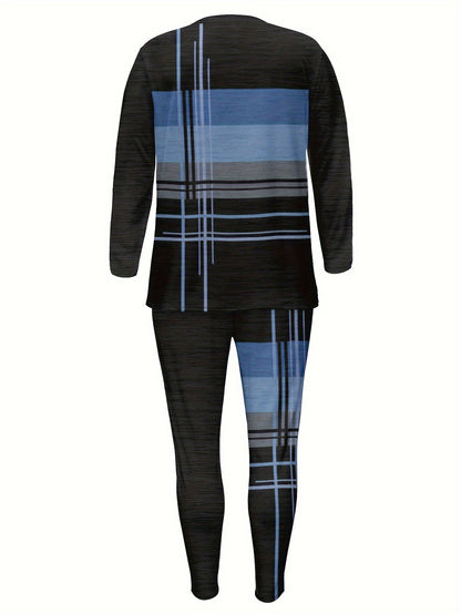 Women'S Casual Striped Print Long Sleeve Crew Neck Jumpsuit with Pockets, 100% Polyester Fabric, Slight Stretch Pullovers, Fashion Lash Sets for Everyday Wear