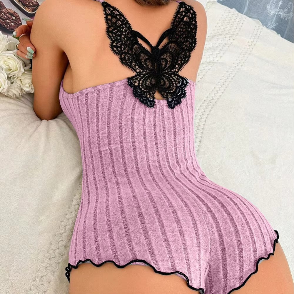 Back Butterfly Embroidery Design Pajamas for Womens Onesies | Summer Sleepwear Lace Splicing Bodysuit Loungerwear with Long Sleeves and Hooded Collar