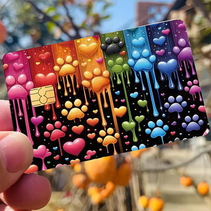 Vibrant Multicolor Heart & Paw Print Sticker Decals - Glossy-Like Matte Finish Temporary ID Holders for Credit Cards, Debit Cards, Keys, Room Access & Light Stickers - Easy Peel & Stick, One-Time Use, Durable Adhesive (No Res